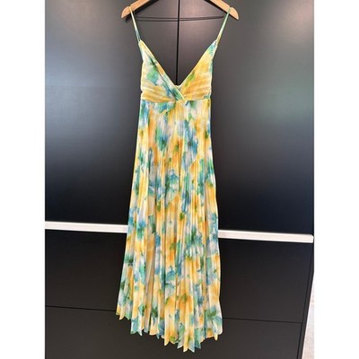 NEW Misa Los Angeles XS Pleated Maxi Dress Floral Watercolor Yellow Green Tassel