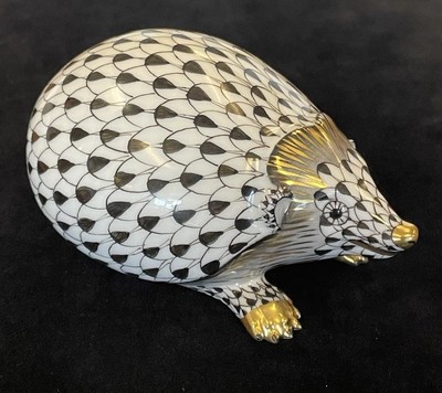 Herend Porcelain Hedgehog Black, White and Gold Fishnet