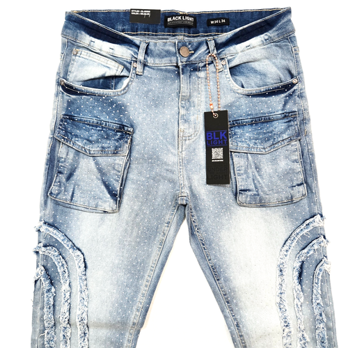 Jean homme noir léger stretch slim coupe droite évasée bleu moyen denim strass - Photo 4/7