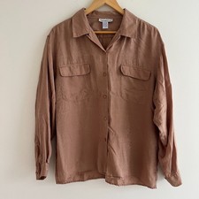 Vintage 100 Silk Jacquard Button Down Blouse L Neutral Minimalist Work Top