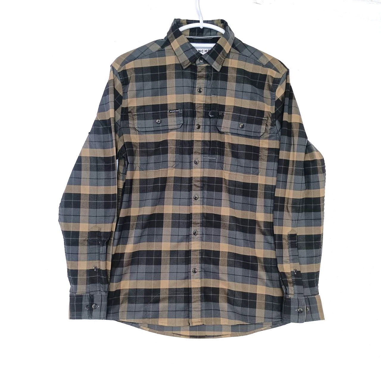 Poncho Button Down Shirt Mens Small Blue Navy Plaid Magnetic Pockets Western