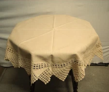 Antique Heirloom-Quality 4"  Round Linen Tablecloth 7" Hand Crocheted Lace Trim