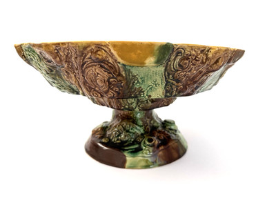 Antique 19th-C. Majolica Compote Pedestal Serving Dish Brown Green Gold Glaze