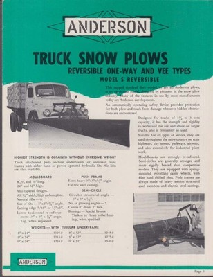 Anderson Truck Snow Plows Reversible 1-Way & V-Type sales folder 1957