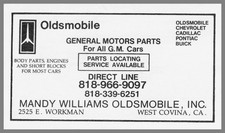 Mandy Williams Oldsmobile GM Parts West Covina CA Vintage Business Card