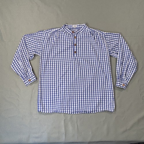 J Peterman Poet Shirt Mens L Blue White Gingham Check Popover Band Collar