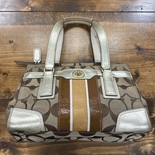 Coach Hampton Signature C Canvas Leather Shoulder Bag Purse Tan Cream Brown 1620