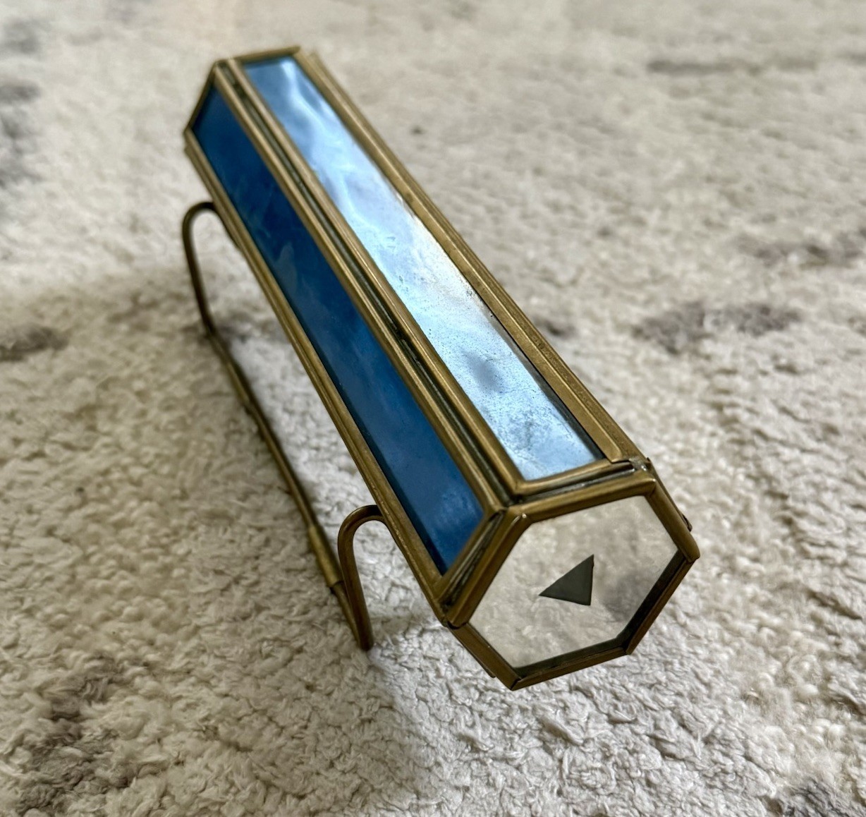Brass and Blue Slag Stained Glass Kaleidoscope w Stand Handmade 7” Vintage