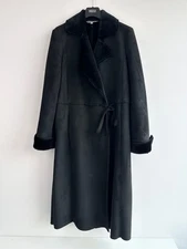 M&S Faux Suede Shearling Style Wrap Coat UK 10 Womens Black Longline Jacket