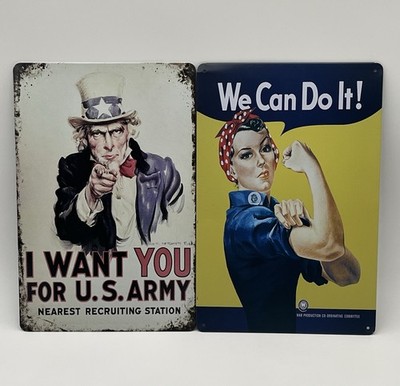 Uncle Sam & Rosie The Riveter We Can Do It ERLOOD Aluminum Metal Signs 8  X 12 