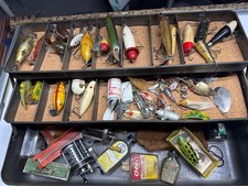 Vintage Tackle Box Full Old Fishing Lures Wood Glass Eye Other Heddon Creek Chub
