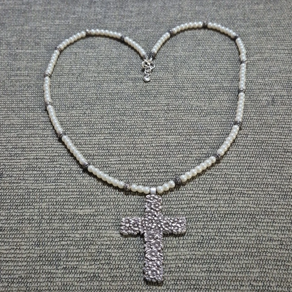 Brighton Lola Cruz Flor Colgante Plata Perla Cuentas Doble Cara Collar 32" Foto 3 de 4