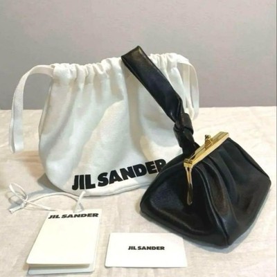 Authentic JIL SANDER Goji Pouch Black Leather Knot Handle Bag Gold Frame Clutch