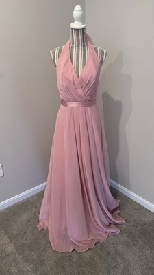 Vera Wang Pink V-Neck Halter Gown Bridesmaid Wedding Dress w Sash Sz 6