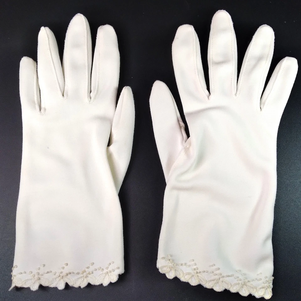 Guantes cortos blancos para damas y mujeres 100 % doble tejido nailon adorno floral Foto 3 de 4