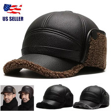 Men's Winter Hat with Visor Warm Earflaps Hat Fully Lined Faux Fur Baseball Cap