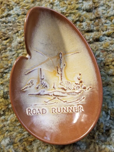 VTG Frankoma Pottery Ashtray Trinket Lily Pad Dish Road Runner Brown #466.
