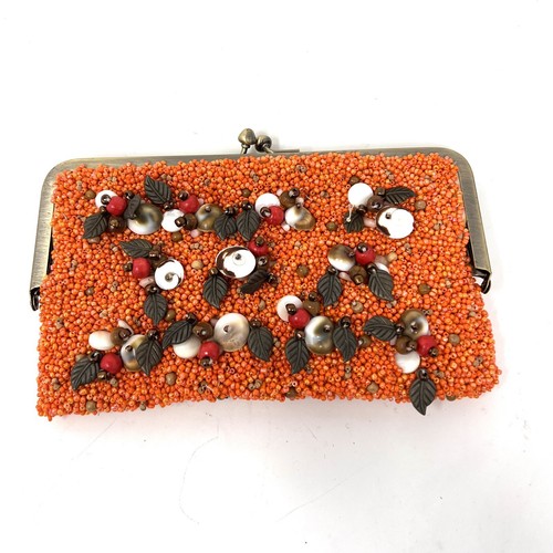 J. Crew Clutch Purse Bohemian Orange Beaded Leaves Small Missing Some Beads - Picture 1 of 7