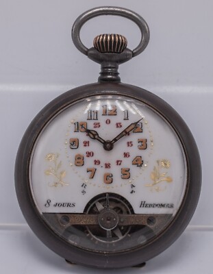 1910s/20s - Hebdomas 8 Day Open Heart Gunmetal 50mm Pendant Set Pocket Watch