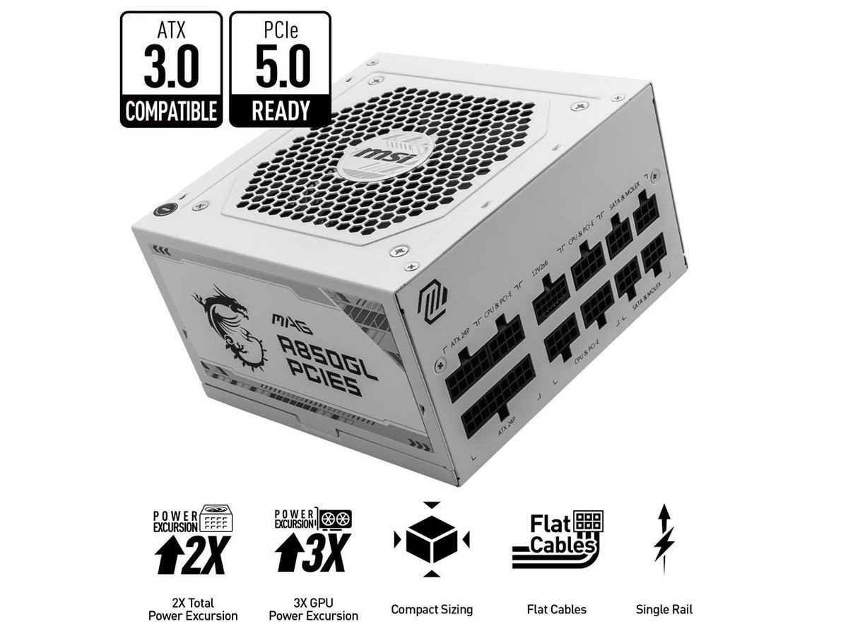 MSI - MAG A850GL PCIE 5.0 WHITE, 80 GOLD Fully Modular Gaming PSU