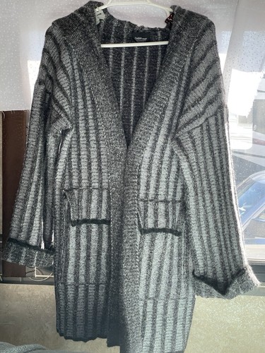 Zara Long Knit Black Gray Oversized Open Hooded Cardigan Wool Cotton Blend M