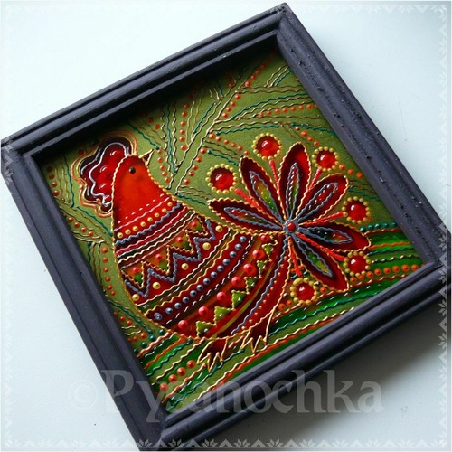 Ukrainian Folk traditional Painting on glass Hand made Framed Wall decor 14x14cm - Picture 3 of 11