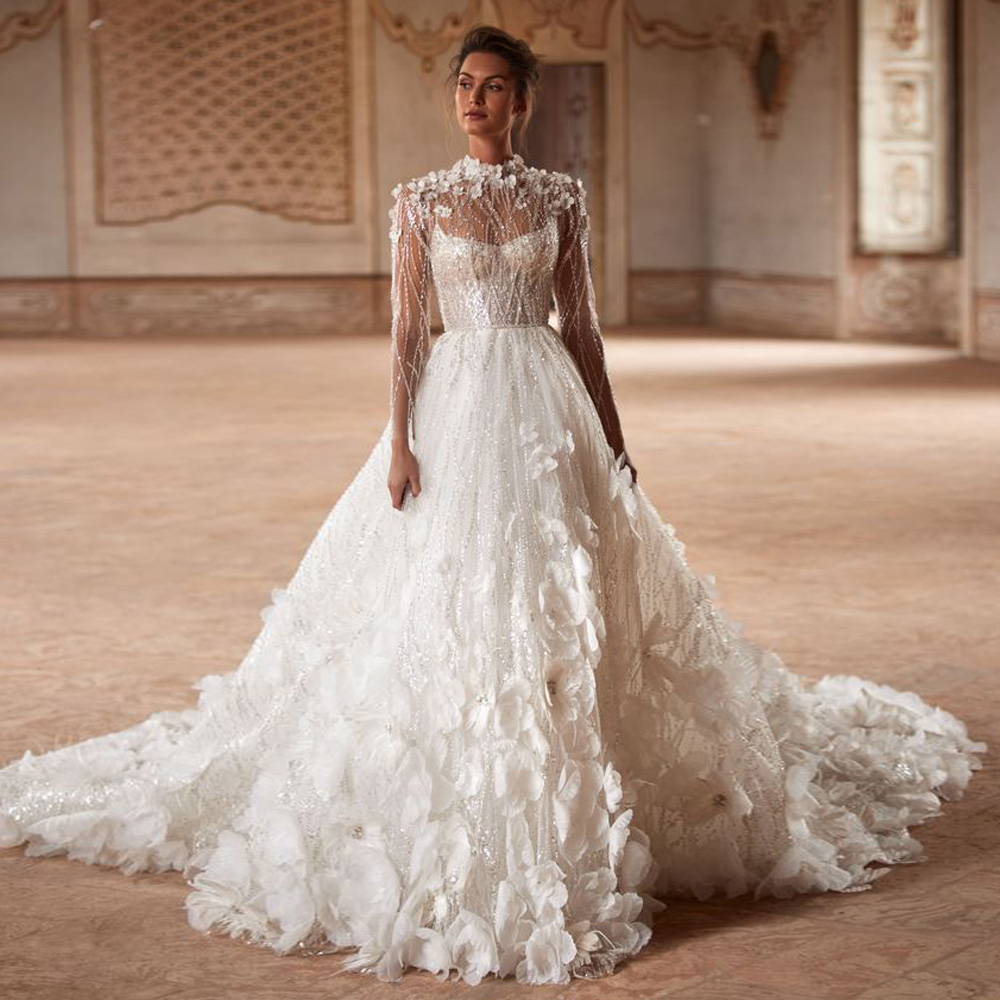 3d floral wedding dress long sleeve Sleeved Ball Gown Wedding Dresses 3D Floral Lace Flowers Embroidery