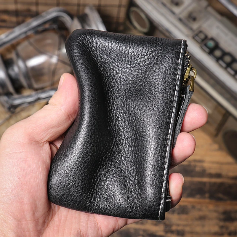 Genuine Leather Coin Wallet - Cowhide Mini Purse with Zipper