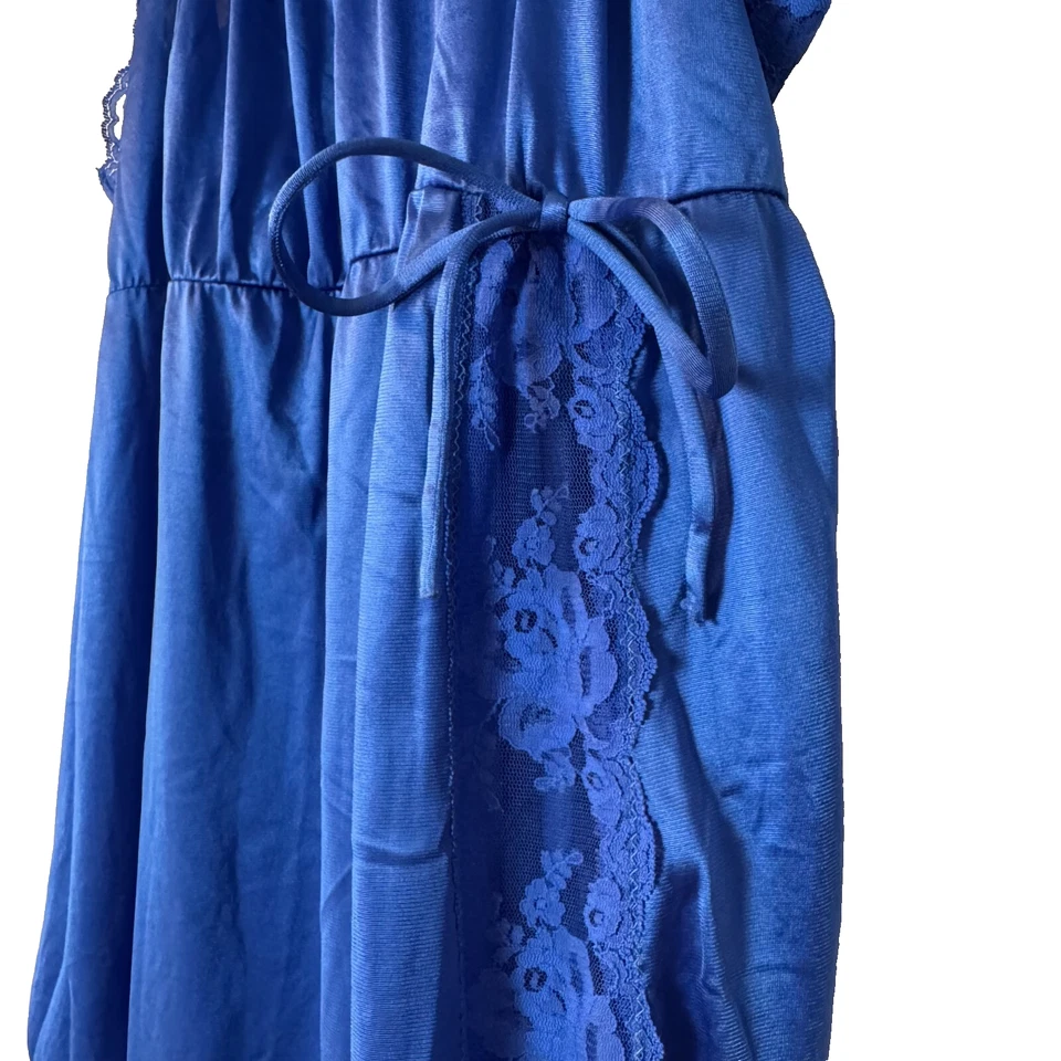 VTG Blue Slip Dress Long Romantic Sz L Lace Side Slit Babydoll Maxi Feminine - Image 4 of 4