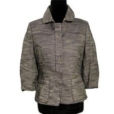 Ann Taylor Jacket 4 Black White Woven Tweed 3/4 Sl Front Snaps Blazer Career