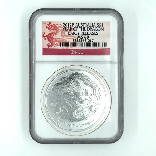 2012 Australia $1 Silver Dollar Year of the Dragon Proof Grade by NGC as MS 69