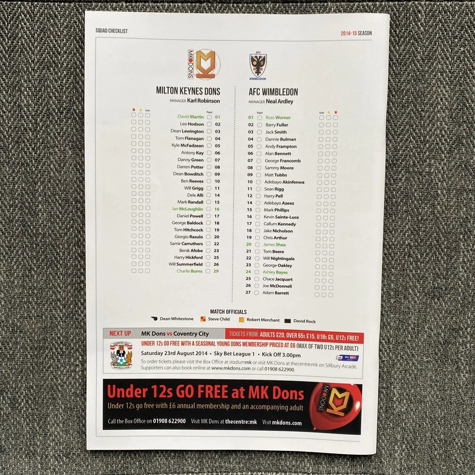 * MK Dons vs AFC Wimbledon Capital One Cup Football Programme with Teamsheet - Image 2 of 3