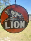 Vintage Porcelain LION Oil & Gasoline, Petroleum Metal Sign, Diameter: 11.75"