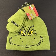 DR SEUSS THE GRINCH YOUTH CHRISTMAS GREEN BEANIE HAT- MITTEN SET - ONE SIZE