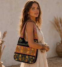 Embroidered Floral Boho Shoulder Bag Brown Pink Hobo Purse Festival Hippie