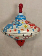 Vintage Ohio ART Spinning Top Tin Toy Litho Circus Zoo Animal Red Wooden Knob