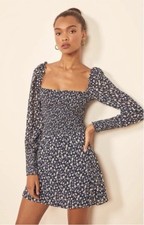 Reformation Kelli Smocked Bodice Fit & Flare Mini Dress Blue White Floral Sz L