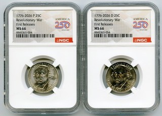 1776 2026 P & D 25C REVOLUTIONARY WAR NGC MS66 AMERICA 250 QUARTER SET FR