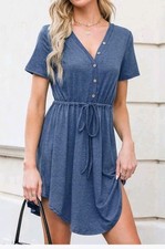 Cupshe Drawstring V-Neck Mini Dress Short Sleeve Button M Blue NWT