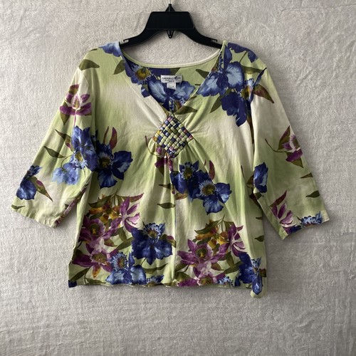 Caribbean Joe Woman Blouse Top Multicolor Plus 1X Floral Bead Long Sleeve V Neck