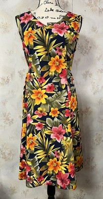 Knee Length Sleeveless Multicolor Tropical Print Princess Seam Tie Back Dress