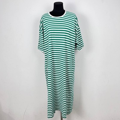 Marimekko Green White Horizontal Stripe T-shirt Midi Dress Cotton Scandi