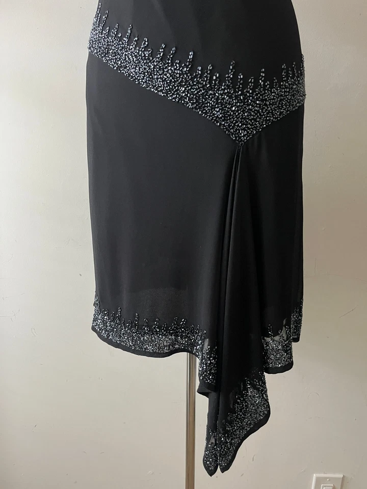 Jakara New York Black Beaded Fringe Fairy Dress Bias Cut Cocktail Sz 8P Vintage - Image 2 of 4