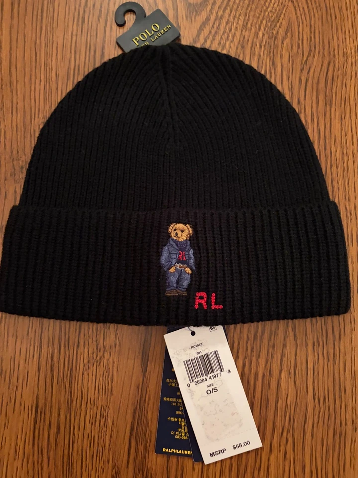 Polo Ralph Lauren Hombre Gorro, Negro Denim BearKit Puños Logo R. L. Sombrero #001 Foto 3 de 4