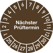 Pr&uuml;fplakette N&auml;chster Pr&uuml;ftermin 2025 - 2030, Folie, &Oslash; 20 mm, 10 St&uuml;ck/Bogen