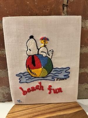 Malina Snoopy Beach Fun Crewel Stitchery Rainbow Completed W Backing