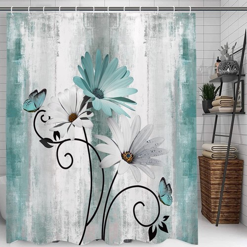 Rustic Farmhouse Shower Curtain, Farm Teal Daisy Floral Flowers and Butterfly... - Picture 4 of 10
