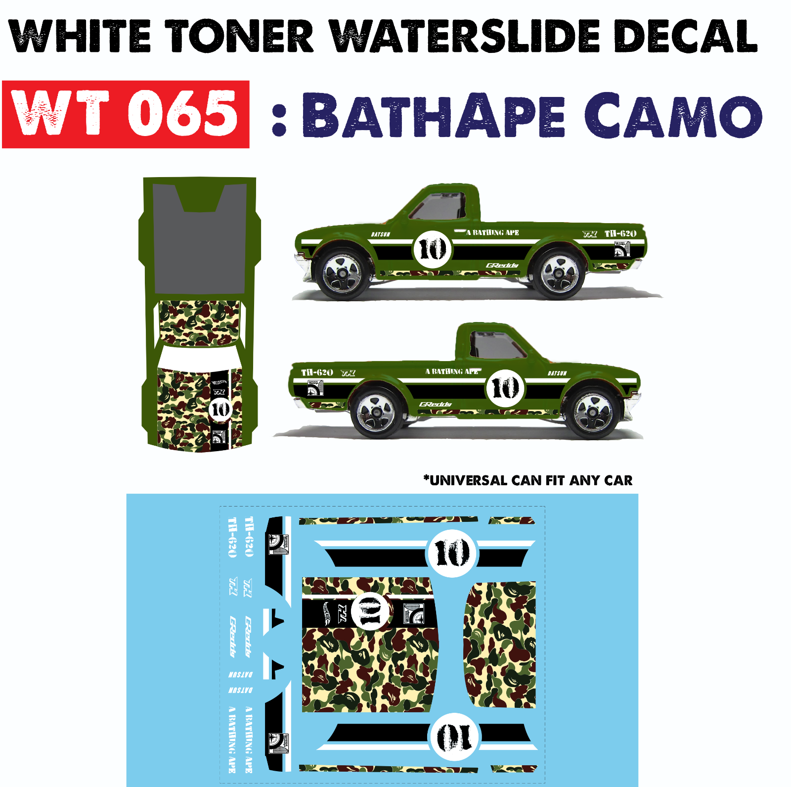 WT065 White Toner Waterslide Decal BATHAPE CAMO For Custom 1:64
