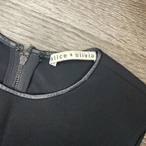 Alice + Olivia Black Crew Neck Crop Tank with Lace Side Panel and Leather Trim - Picture 2 of 6