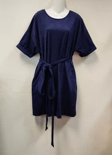 Ruby Ribbon Velvet Shift Dress M Navy Oversized Lagen Look Minimalist Tie Waist